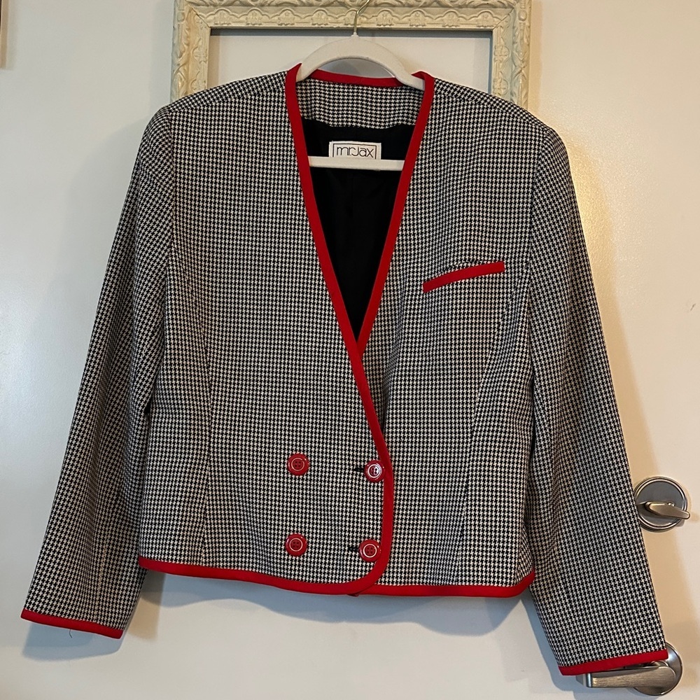 MR.JAX | Vintage Black & White Houndstooth Blazer with Red Trim